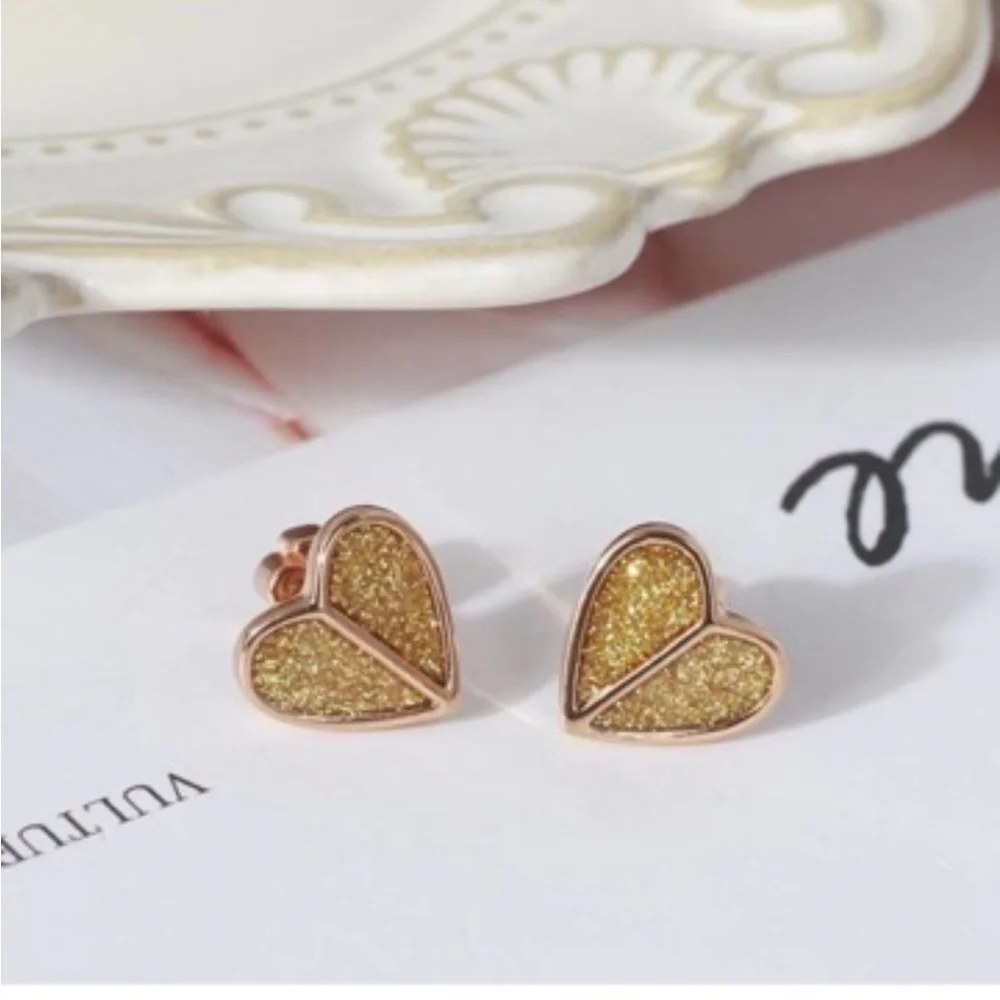 KATE SPADE Rose Gold Glitter Heritage Heart Stud Earrings, Valentines Jewelry